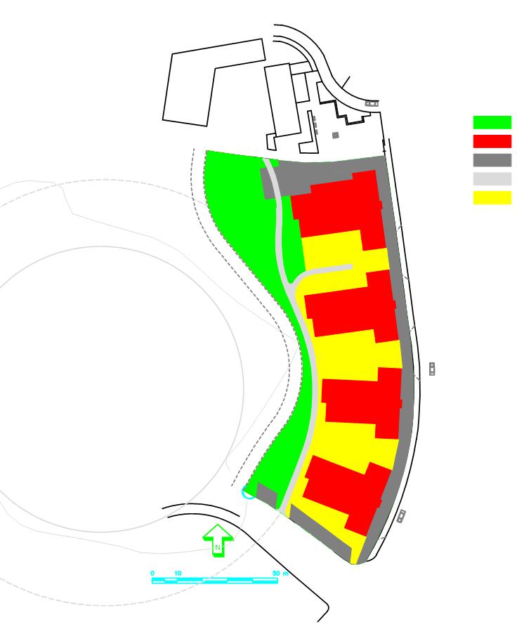 Sida 5 (16) Grönyta Hustak Asfalt Cykelväg (grus) Innergård Antennmast Området som skall bebyggas. Nya hus, hårdgjorda ytor och grönytor är färgmarkerade. Bild 2.