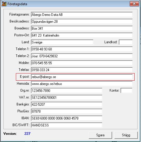 Företagsdata I Grund-modulens rutin Arkiv/Företagsdata ställer man in vilken e-postadress som kommer att användas som standardavsändare av all e-post.