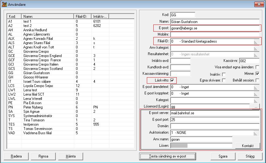 Användare och lösen för inloggning mot e-postservern tas från filialen och avsändande