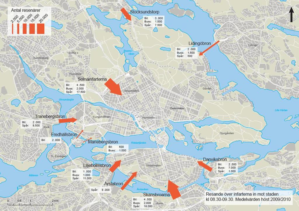 12(127) Tabell 3 Resande med stomtrafik fördelat på trafikslag, avrundat till närmsta 100-tal Trafikslag Påstigande i maxtimme Påstigande per dygn pendeltågslinjer 25 900 25 200 tunnelbanelinjer 123