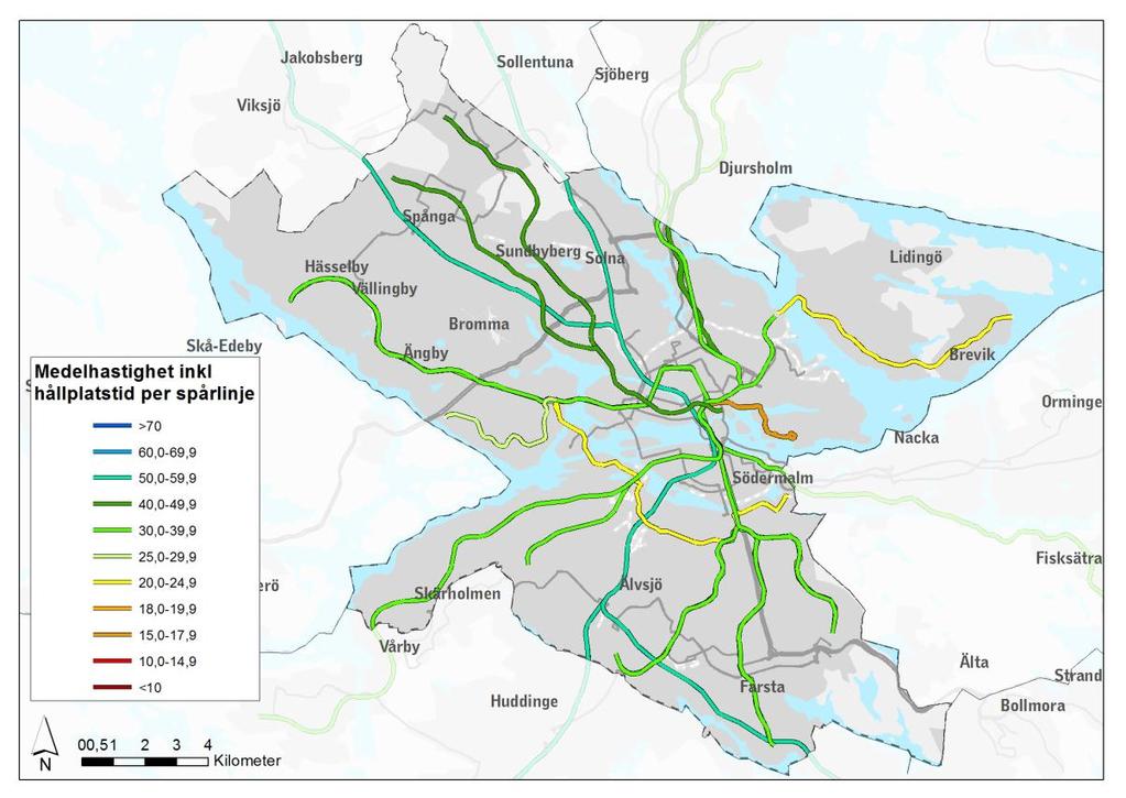 32(127) Tunnelbanan och pendeltåget har inte samma trängselproblematik som busstrafiken vilket gör att medelhastigheten istället beror av hur tätt hållplatserna ligger och vilken hastighet det går