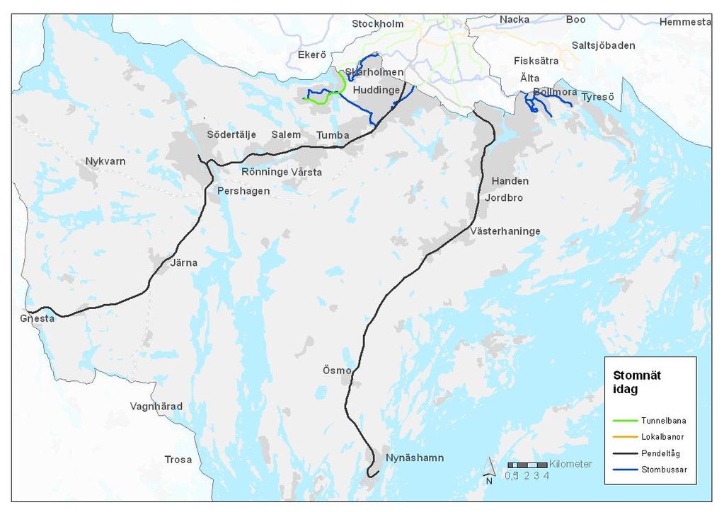 57(127) 7.3 Trafikslag Pendeltåg och buss trafikeras främst Sydsektorn, men tunnelbanan trafikerar även norra delen av Botkyrka kommun.