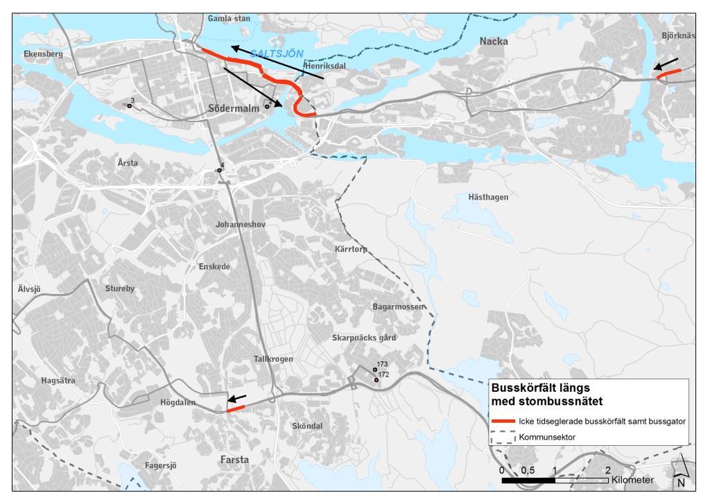 trafikplats. I Orminge finns busskörfält på Värmdövägen i västgående riktning vilket nyttjas av stombuss 471.