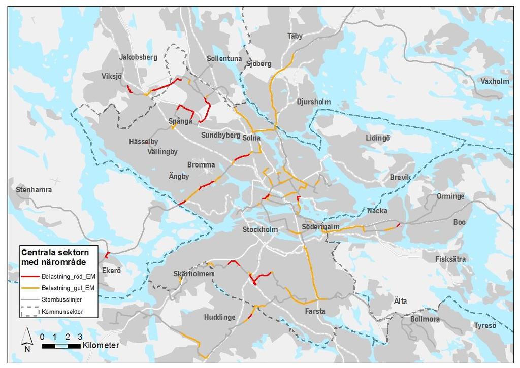 13(127) Figur 56 Översikt över de länkar vilka identifierats som röda och gula under eftermiddagens högtrafik.