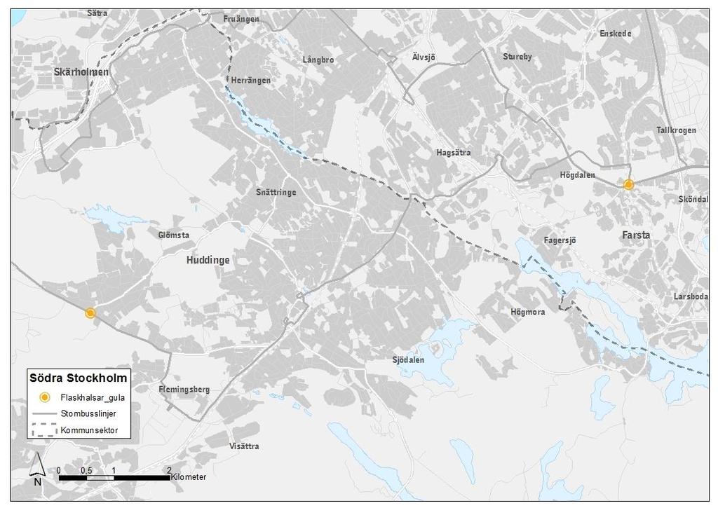 19(127) Figur 67 Gula flaskhalsar i södra delen av den centrala kommunsektorn.