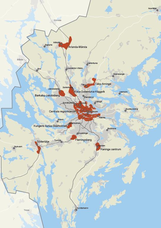 9(127) I den regionala utvecklingsplanen för Stockholmsregionen, RUFS 2010, pekas nio regionala stadskärnor ut som prioriterade områden för utbyggnad och utveckling.
