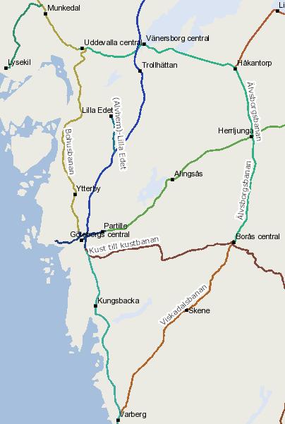 3.5.4 Göteborgsområdet 3.5.4.1 Sträckorna runt Göteborg Kapaciteten på de dubbelspåriga sträckorna runt Göteborg är teoretiskt 12 tåg per timme och riktning.