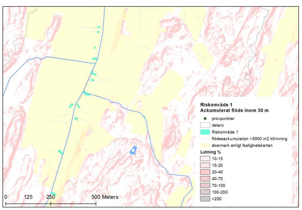 Identifiering av riskområden på åkermark Ett antal olika typer av riskområden på åkermark har tagits fram genom att kombinera de olika underlagen. Dessa är: - 1. Ackumulerat flöde inom 30 m.