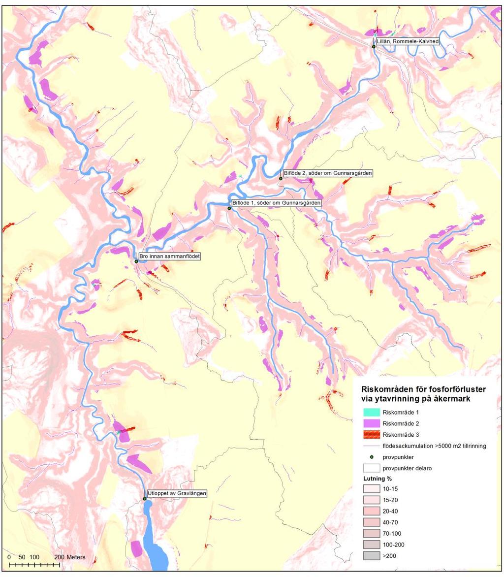 Erosionsriskområden per delavrinningsområde Kombinationen av de tre olika riskområdena syns i figur 14 nedan, de är riskområde 2, åkermark som ligger på över 10 % lutning inom 50 m från vatten som
