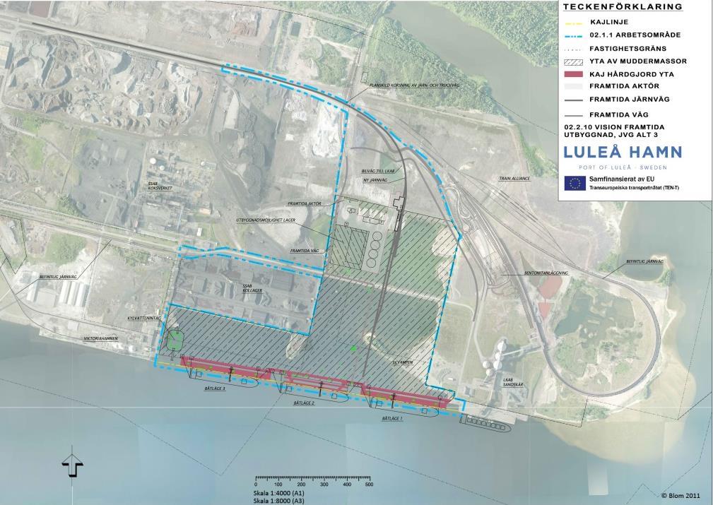 Figur 5.1.1.3 Järnvägsalternativ 3 och dess inverkan på lokalisering inom djuphamnsområdet för framtida aktörers ytor för lagerhållning och lossning etc. från järnvägen.