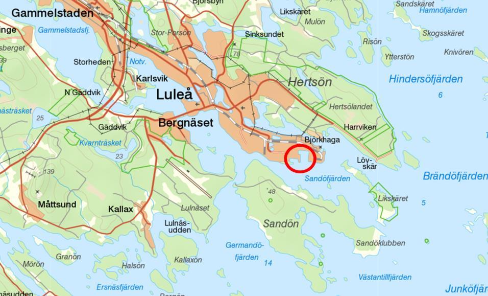 2 LOKALISERING Området för den planerade nya djuphamnsdelen är belägen sydost om Luleå centrum, se figur 2.