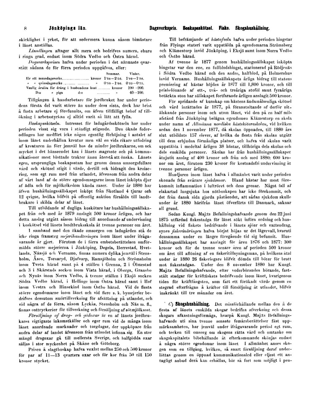 8 Jönköpings län. Dagsverkspris. Boskapsskötsel. Fiske. Skogshushållning. skicklighet i yrket, för att sedermera kunna såsom bimästare i länet anställas.