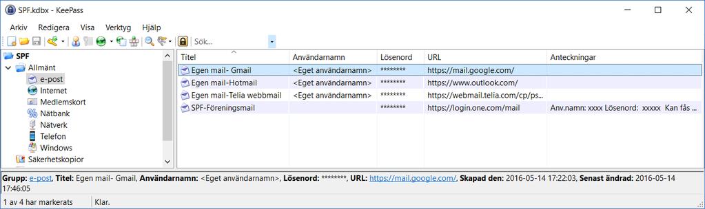 Börja med att anpassa KeePass enligt eget önskemål Sätt in USB minne Öppna utforskaren och klicka på usb minne KEEPASS-SPF (X:) Klicka på och Ange Huvudlösenord: spfleksand Klicka på OK Grunderna för