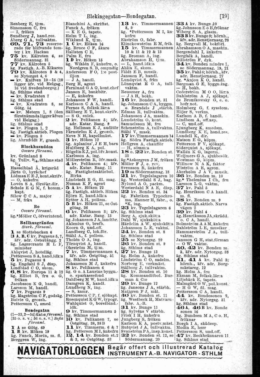 Blekingegatan-Bondegatan. Renberg E, tj:m. Bianchini A, skriftst. 13 kv. Timmermannen 33 A kv. Bunge $6 Simonsson C, fru Funck A, fröken 8, 9 ag. Johnsson E o B fröknar - I, fröken - K E G, tapets.