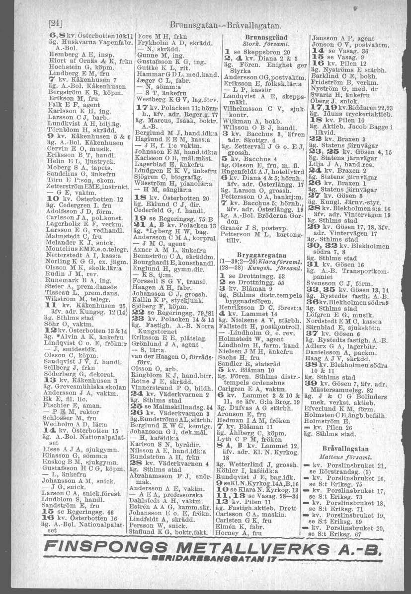 [24J Brnnnsgatan--Bråvallagatan. 6,8 kv. österbotten10&11 Fors M H, frkn Brunnsgränd äg. Huskvarna Yapenfabr. Frykholm A D, skrädd. stork, församl. A.-Bol. Hemberg A B, insp. - N, skrädd.