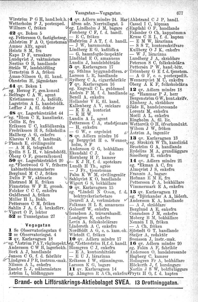 Vasagatan-Vegagatan. 677 Wirström P G H, hand.bok.h. 4 qv. Adlern mindre 24. Har Ahlstrand C J P, handl. Wetterholm P J, postexped. äfven adr, Norrtullsgat.