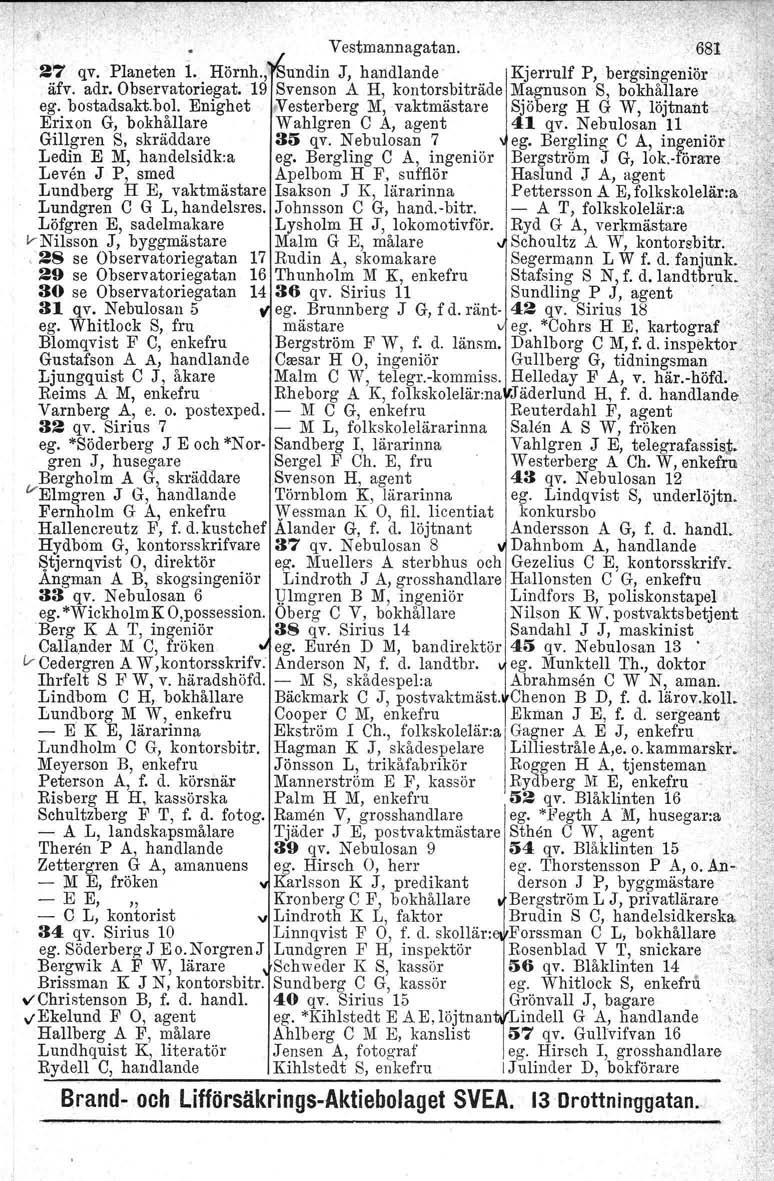 Vestmannagatan. 27 qv. Planeten i. Hörnh., undin J, handlande Kjerrulf P, bergsingeniör äfv. adr. Observatoriegat. 19 Svenson A H, kontorsbiträde Magnuson S, bokhållare ego bostadsakt.bol.