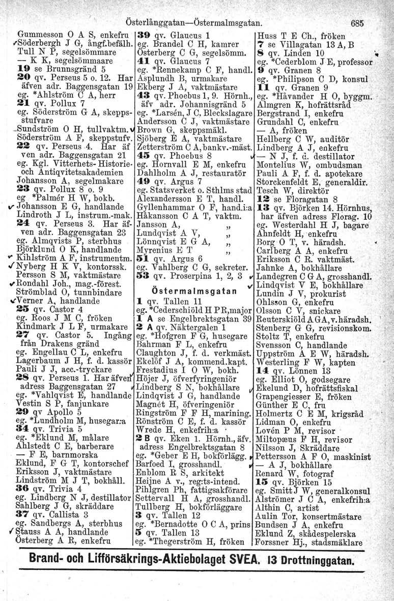 I, Österlångg:atan-Östermalmsgatan. Gummesson o A S, enkefru 39 qv. Glaucus 1 Huss T E Ch., fröken..söderbergh J G, ångf.befälh. eg.