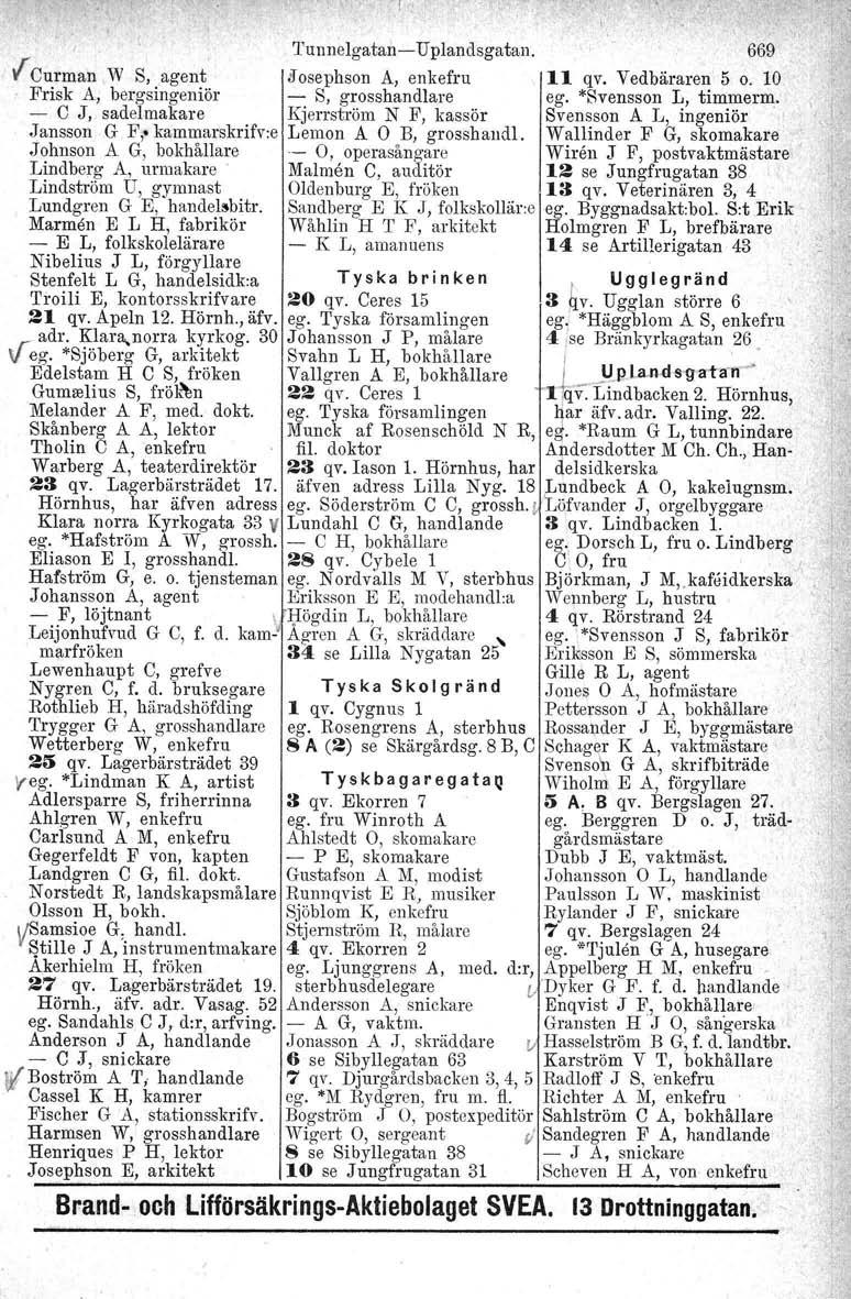 Tunnelgatan- Upiandsgatan. 669 fcurman,w S, agent ifosephson A, enkefru Il qv. Vedbäraren 5 0.10 Frisk A, bergsingeniör - S, grosshandlare ego *Svensson L, timmerm.