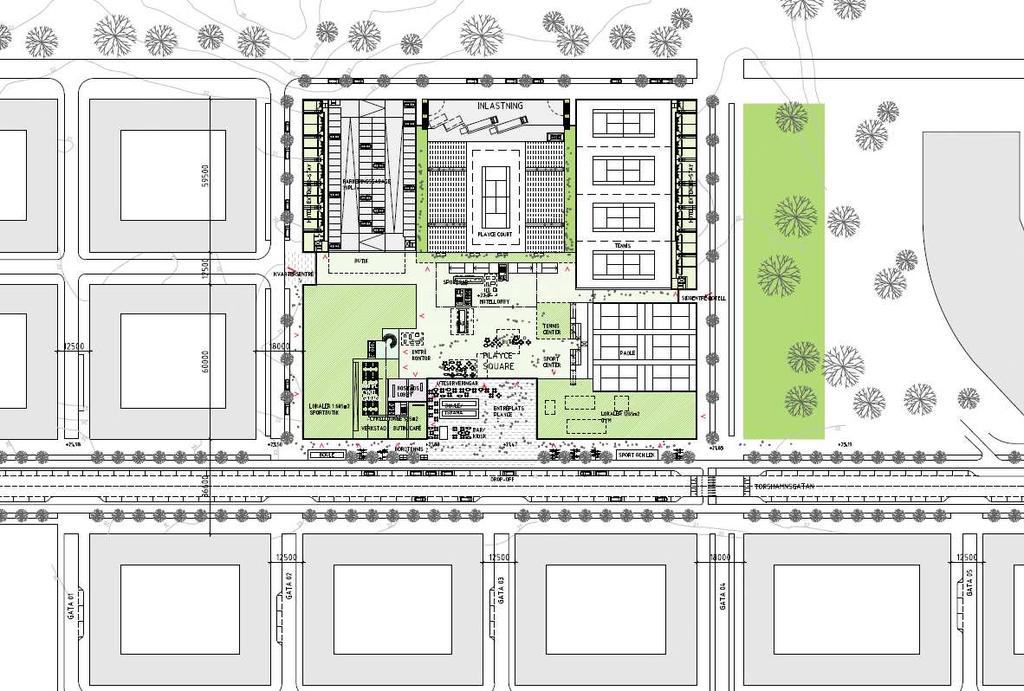 Sida 7 (10) Planområdet som illustrationsplan (Wingårdhs arkitektkontor) Detaljplaneförslaget innefattar en sportanläggning integrerad med hotell, konferens, kontor, butiker, bostäder och eventuellt