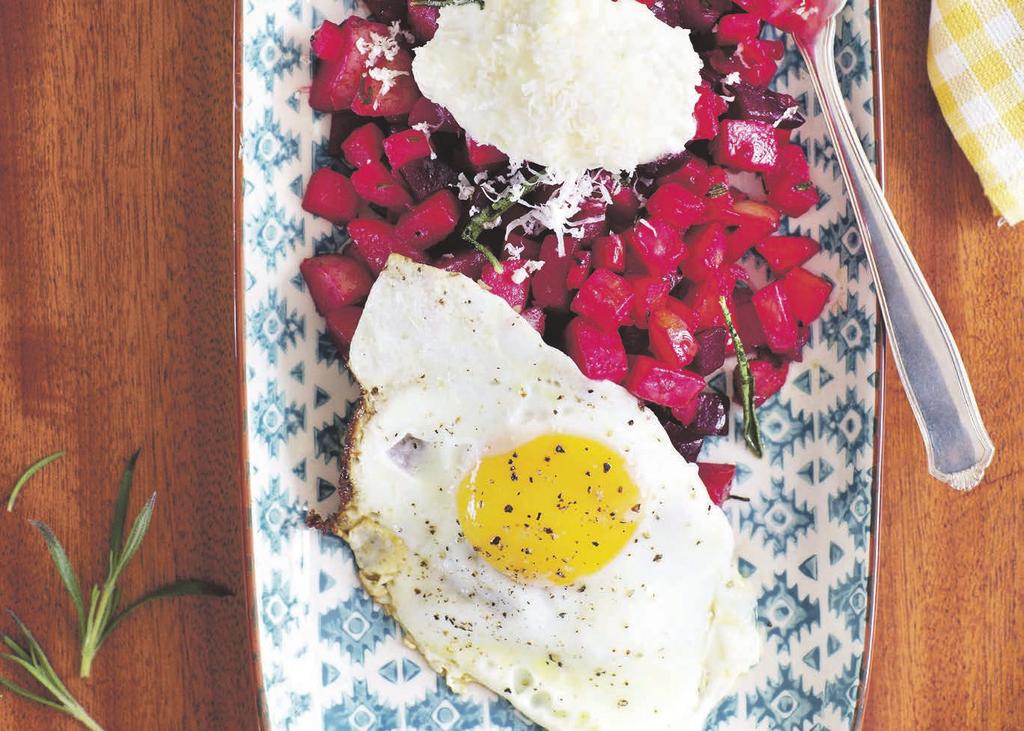 RECEPT 4 40 min 492 kcal/port Fett 32% Kolhydrater 53% Protein 15% Rödbetspytt Vegetarisk pyttipanna med stekt ägg.