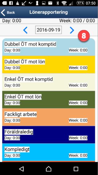 Notering per dag och visad summa per vecka.