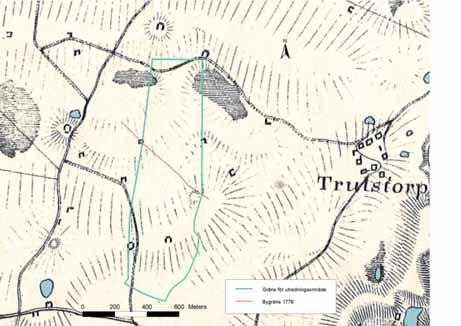 Figur 14. Utredningsområdet mot bakgrund av den skånska rekognosceringskartan från 1810-talet.