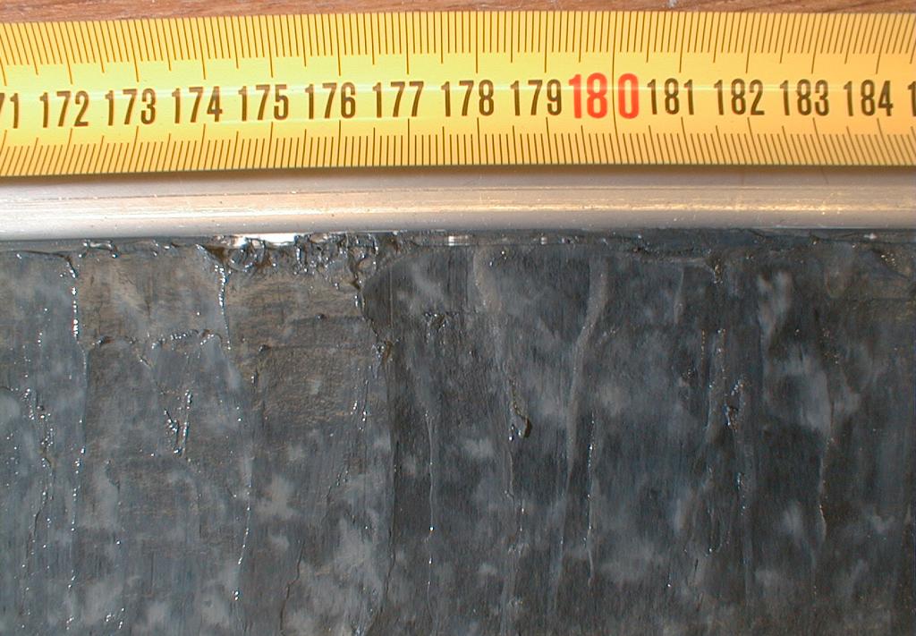 Figur 9. Lera, kraftigt fläckad av järnsulfider, avsatt i Ancylussjön. Clay, stained by iron-sulphides, deposited during the Ancylus sea stage. Figur 10. Laminerad gyttjelera avsatt i Littorinahavet.