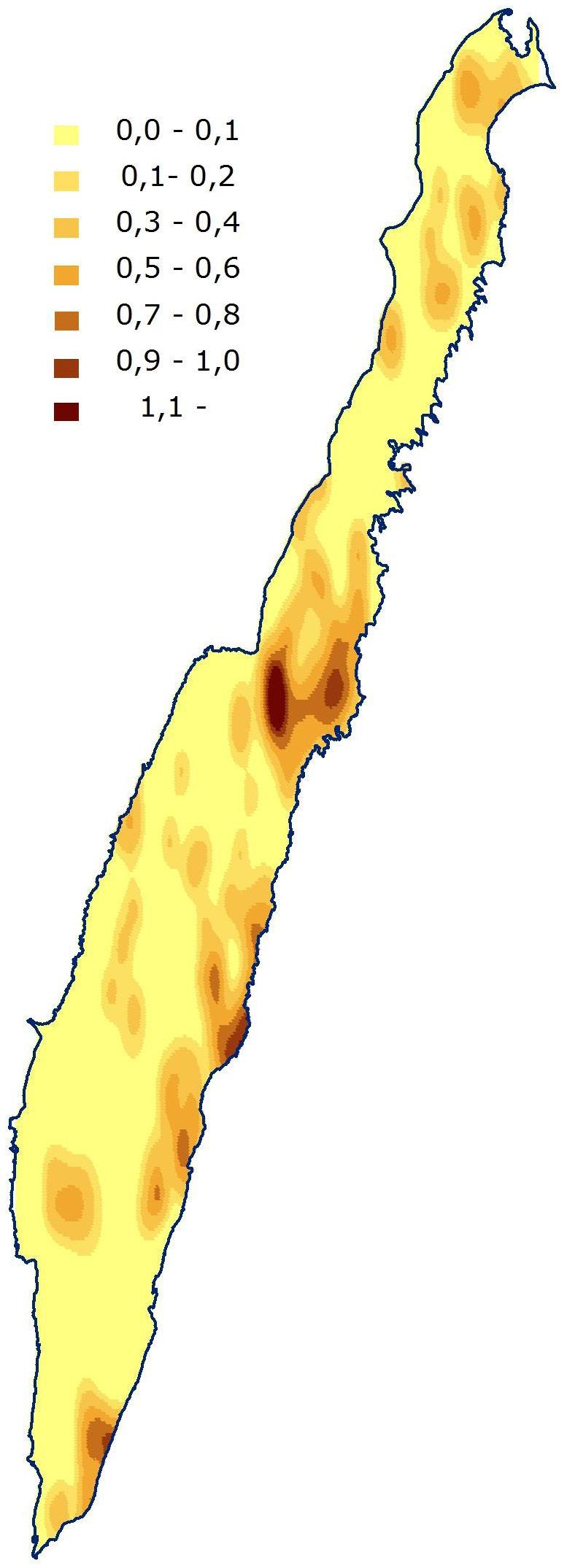 10 ANTALET SPELANDE KORNKNARRAR PÅ ÖLAND Geografisk fördelning Kornknarrarnas fördelning över Öland skiljer sig åt vid en jämförelse mellan observationerna från den aktuella inventeringen och de som