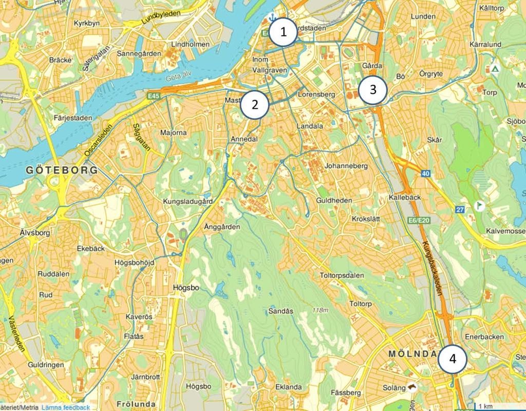 BILAGA 4 Luftkvalitet i Göteborgsregionen Figur B4:5 Tillsammans har Göteborgs miljöförvaltning och Luftvårdsprogrammet i Göteborgsregionen fyra fasta mätstationer för att övervaka luftkvaliteten.