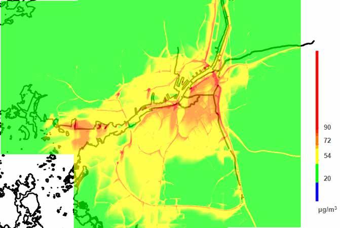 Beräkningar av källbidrag och minskningsscenarier för kvävedioxid i Göteborgsregionen R 2016:18 Figur 3 Timmedelvärde (98-percentil) kvävedioxidhalter, bidrag från samtliga källor.