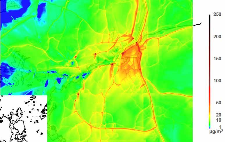 Beräkningar av källbidrag och minskningsscenarier för kvävedioxid i Göteborgsregionen R 2016:18 Figur 6 Timmedelvärde (98-percentil) kvävedioxidhalter, bidrag från vägtrafik.