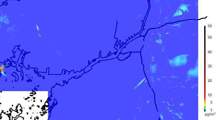 Beräkningar av källbidrag och minskningsscenarier för kvävedioxid i Göteborgsregionen R 2016:18 Figur 15 Timmedelvärde (98-percentil) kvävedioxidhalter, bidrag från punktkällor.