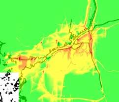 Beräkningar av källbidrag och minskningsscenarier för kvävedioxid i Göteborgsregionen R 2016:18 Figur 30 Timmedelvärde (98-percentil) kvävedioxidhalter för nuläge (vänster) och för ett scenario där