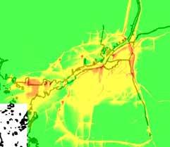 Figur 36 Timmedelvärde (98-percentil)kvävedioxidhalter för nuläge (vänster) och för ett scenario där  3.2.5.