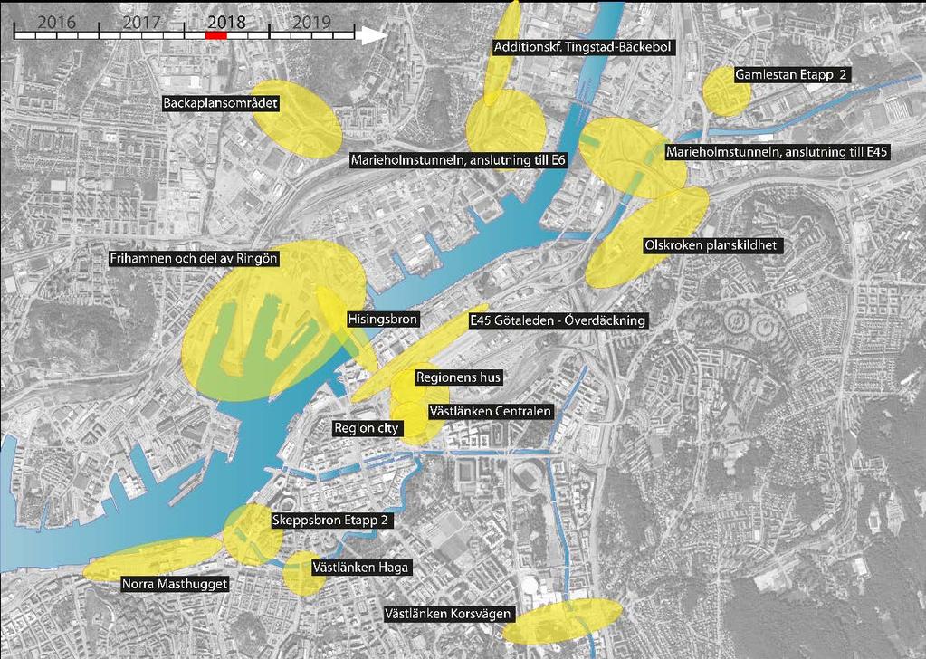 Figur 5 En översiktlig bild över de projekt som planeras pågå samtidigt i Göteborg år 2018.