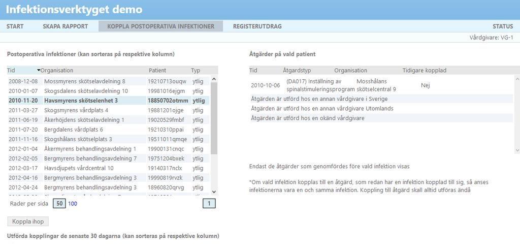 Rapportverktyget. På denna sida är det möjligt att koppla en postoperativ infektion till den orsakande åtgärden.