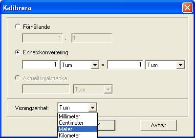 16 av 16 5.6 Mäta i karta Tryck på M tangenten. Fönstret för kalibrering öppnas. Välj t.ex. meter i dropplisten vid Visningsenhet.