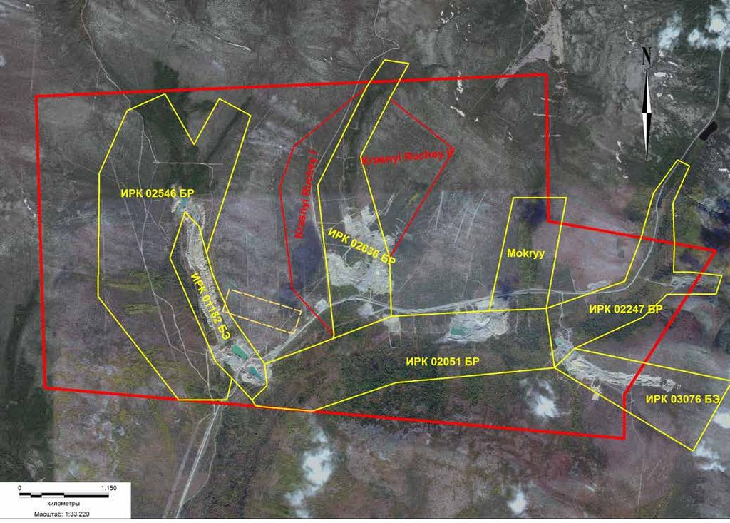 22 PROJEKT KRASNY Röda streck markerar gränserna för Kopy Goldfields licenser (Krasny berggrund och Krasny alluvial) Gula streck markerar gränserna för andra alluviala guldlicenser inom
