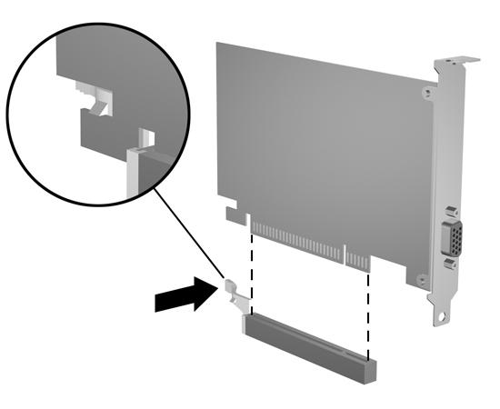 c. Om du tar bort ett PCI Express x16-kort drar du undan låsarmen på baksidan av sockeln och vickar sedan försiktigt på kortet fram och tillbaka för att det ska lossna från sockeln.