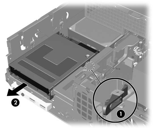 3. Tryck på enhetens gröna låshake på sidan om enheten (1) så att enheten lösgöres från enhetsinfästningen och skjut enheten framåt cirka ½ cm (2).