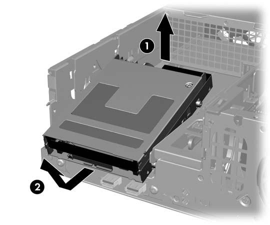 När enheten höjs, skjuts den automatiskt framåt tills den frigörs från enhetsplatsen (2). Bild 2-26 Ta bort en 3,5-tumsenhet (bilden visar en diskettenhet) OBS!