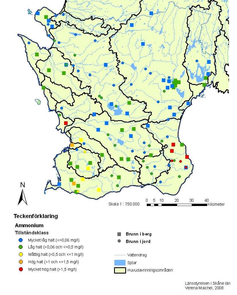 Figur 11. Ammoniumhalter i grundvatten i Skåne 2007. Halter under jämförvärde 0,06 mg/l definieras som mycket låg halt.