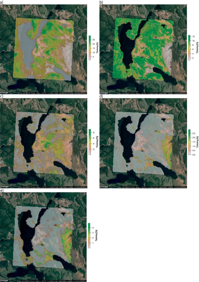 Figur 6.3.4: Täckningsgrad av a) blåbär, b) lingon, c) kråkbär, d) tranbär och dvärgtranbär och e) hjortron i ett 3,5 3,5 km område i Västerbottens inland.