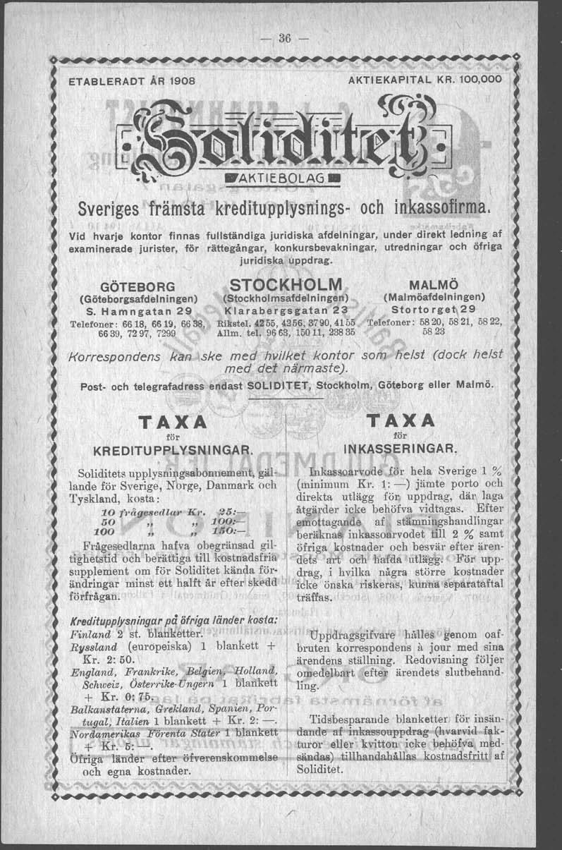 ~-~--------- - 36 - IETABLER~DT AR.1908 ' AKTIEKAPITAL KR. 100,000 ~ ~. {@e;, # i ~.oi1fifliitr(th] I ~ ~l~" _AKTIEBOLAG. C.~<"'\ '~ J i,sveriges främ~ta kredilupplysnings-, och inkassofirma.