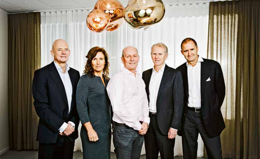 STYRELSEN I ALM EQUITY A B Från vänster: Gerard Versteegh, Maria Wideroth (ordförande), Joakim ALM (VD), Johan Unger, Johan Wachtmeister.