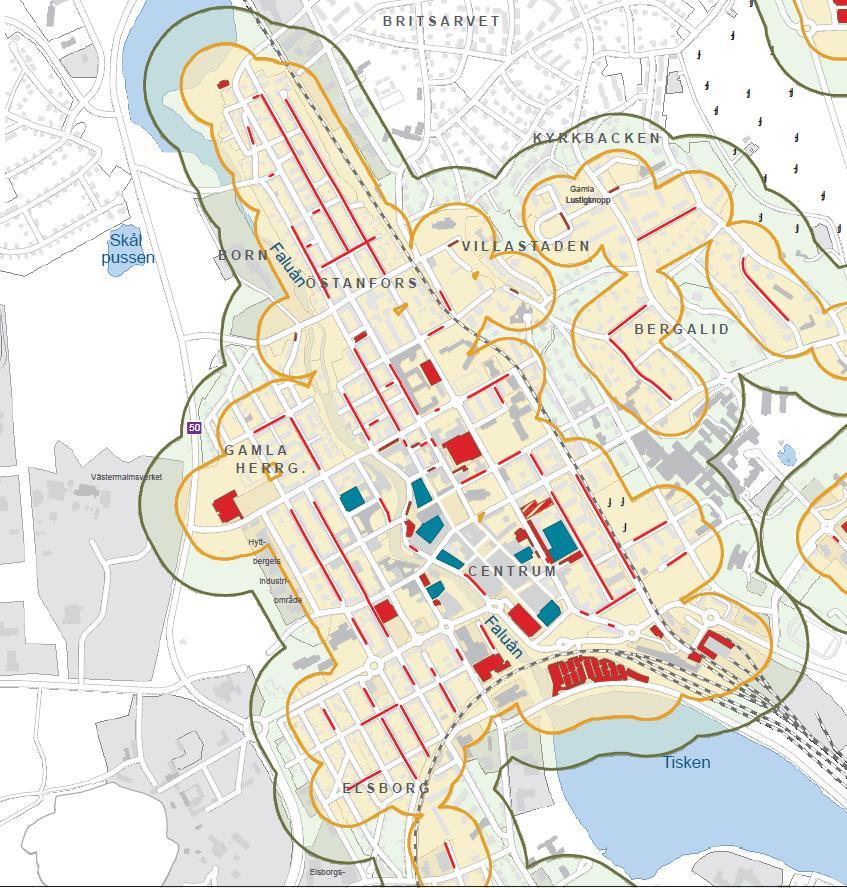 Bild 4.5: Avstånd från närmaste parkering i centrala Falun. Regelbunden parkeringsräkning i centrala Falun påbörjades våren 2015.