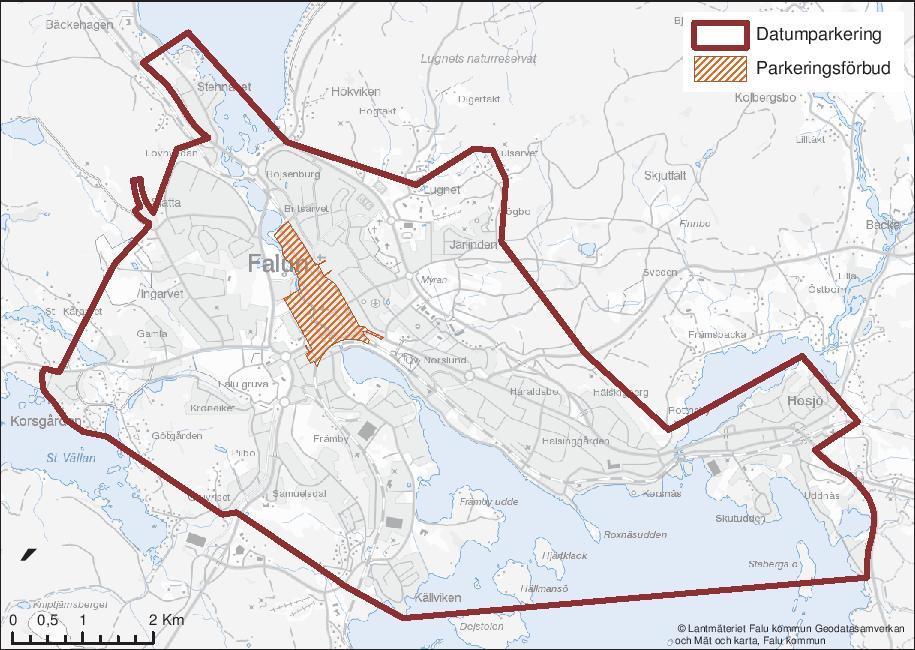 Bild 4.8: Datumparkeringszonen och parkeringsförbudszonen i Falun. Allmänt gäller att fordon får parkera på kvartersmark i maximalt 24 timmar (SFS 1984:318).