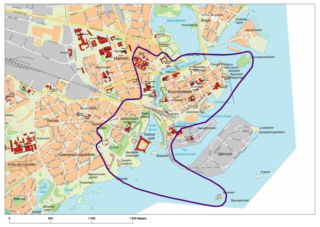 Riksintressets utbredning: Kalmar stads centrala mark- och vattenområden med