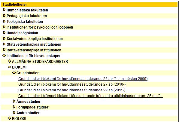 Studiehandboken: Studiehelheter Välj institution > öppna Klicka på helhetens länk > innehåll